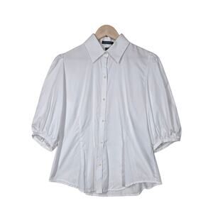 Lauren Ralph Lauren Top sz L White on White Pinstripe Button Front Puff Sleeve